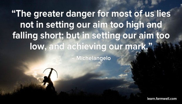 "The greater danger for most of us lies not in setting our aim too high and falling short; but in setting our aim too low, and achieving our mark." – Michelangelo